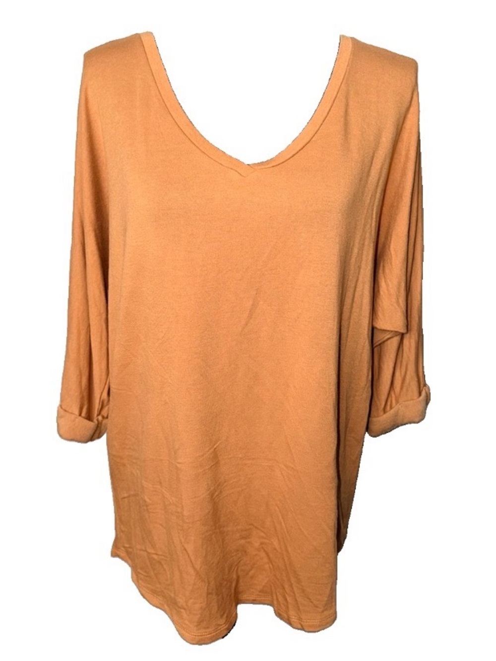 Ivoire Women’s V Neck Pullover Tee Lounge 3/4 Cuffed Sleeves Top Camel Tan Sz M